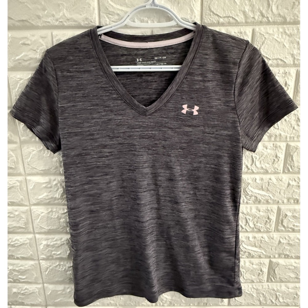 Under Armour Women's Short Sleeve V-Neck Tee in Heather Charcoal with Pink Logo